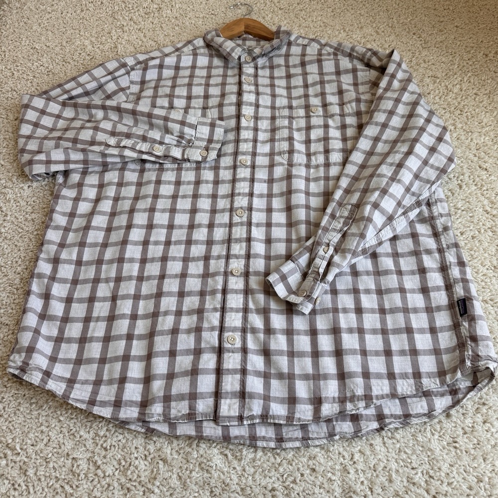 Patagonia Button Down Shirt Mens XXL Brown Check Organic Cotton Good Flaw